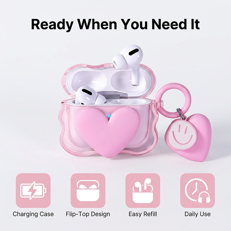 RichRipple Pro 2 Wireless Bluetooth Earbuds Touch Stereo Bass In-Ear Headphones Cute Pink Heart Protective Case Smiley Keychain Pods iPhone Android Girls Gift Earphone Earphones