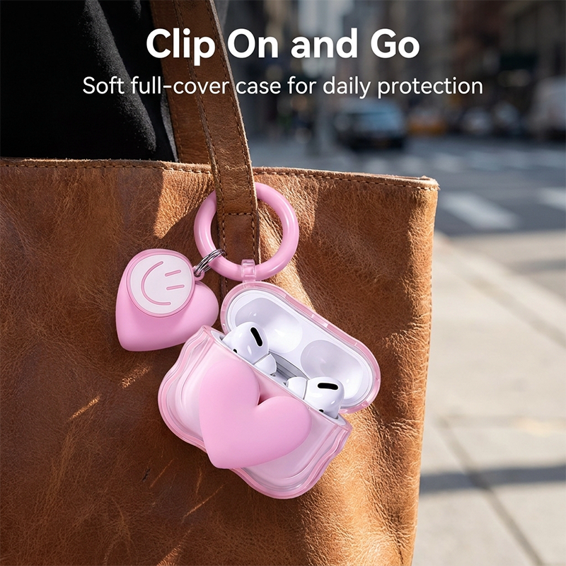 RichRipple Pro 2 Wireless Bluetooth Earbuds Touch Stereo Bass In-Ear Headphones Cute Pink Heart Protective Case Smiley Keychain Pods iPhone Android Girls Gift Earphone Earphones