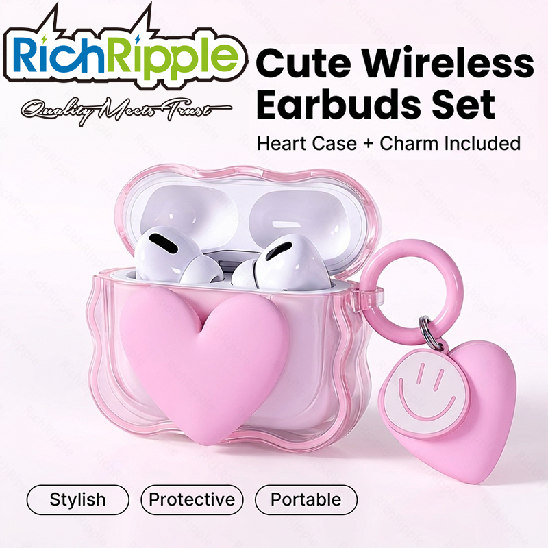 RichRipple Pro 2 Wireless Bluetooth Earbuds Touch Stereo Bass In-Ear Headphones Cute Pink Heart Protective Case Smiley Keychain Pods iPhone Android Girls Gift Earphone Earphones