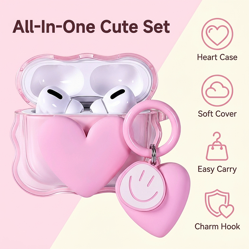 RichRipple Pro 2 Wireless Bluetooth Earbuds Touch Stereo Bass In-Ear Headphones Cute Pink Heart Protective Case Smiley Keychain Pods iPhone Android Girls Gift Earphone Earphones