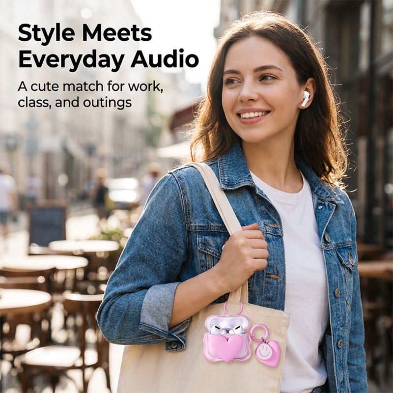 RichRipple Pro 2 Wireless Bluetooth Earbuds Touch Stereo Bass In-Ear Headphones Cute Pink Heart Protective Case Smiley Keychain Pods iPhone Android Girls Gift Earphone Earphones