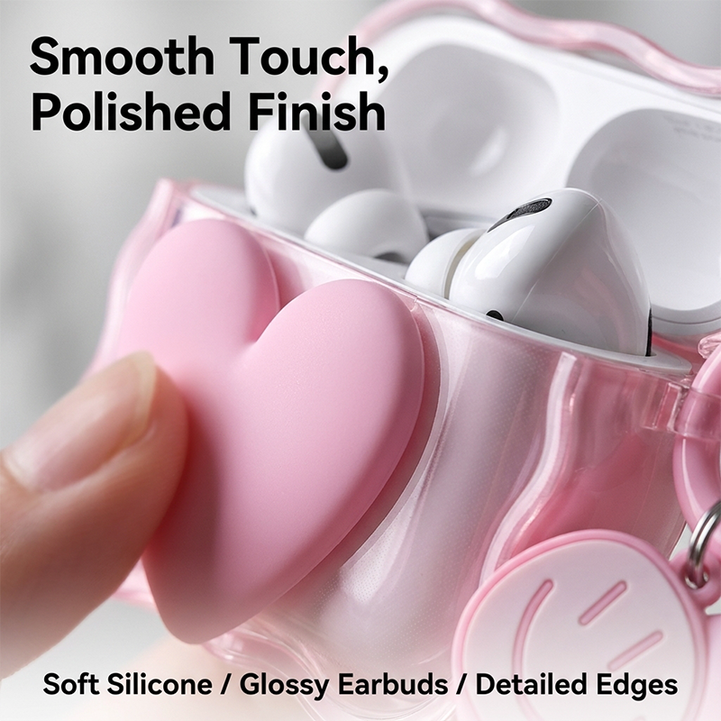RichRipple Pro 2 Wireless Bluetooth Earbuds Touch Stereo Bass In-Ear Headphones Cute Pink Heart Protective Case Smiley Keychain Pods iPhone Android Girls Gift Earphone Earphones