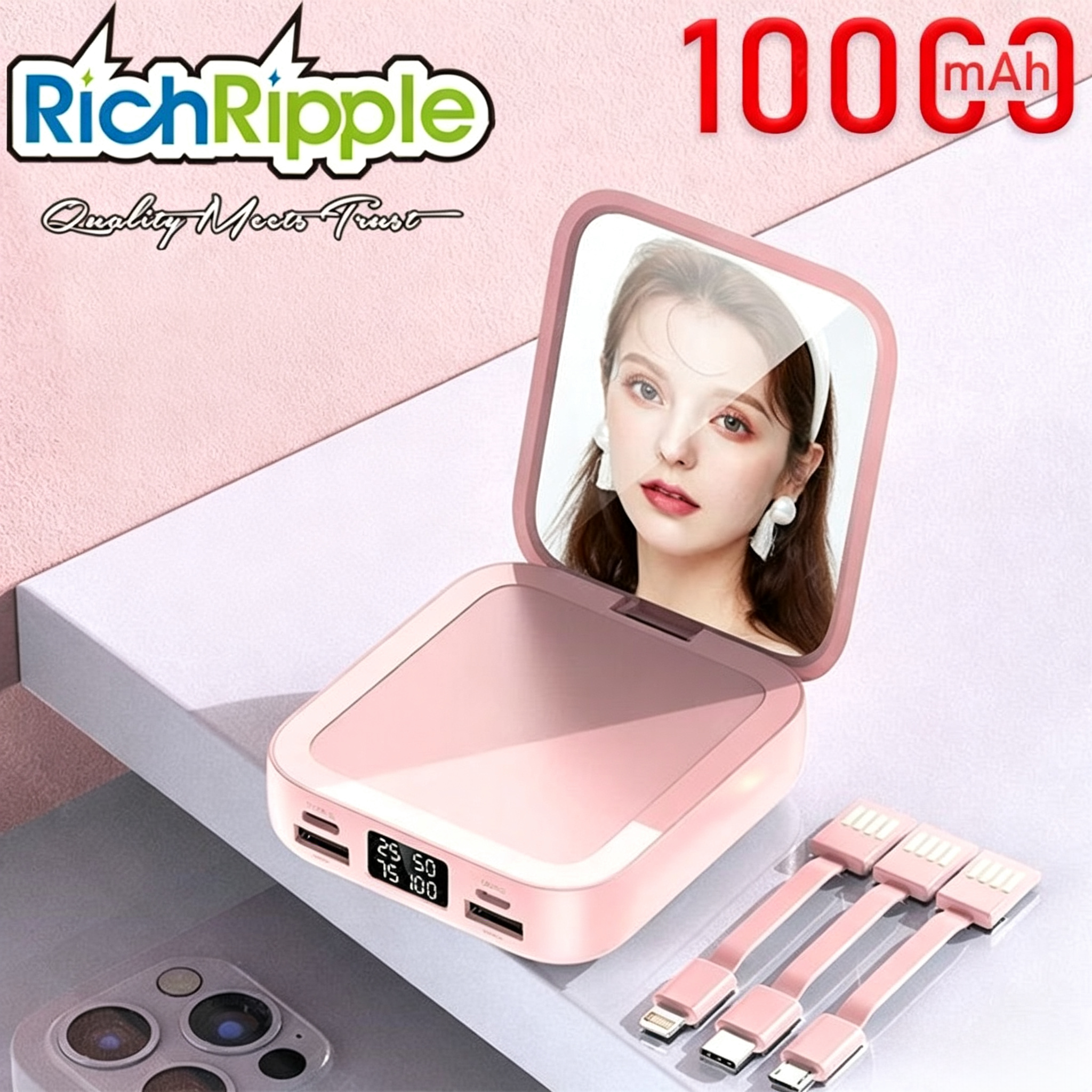 RichRipple powerbank Mini Power Banks 10000mAh With Makeup Mirror Fast Charging Portable Charger Powerbank with Cable Poverbank Mobile Phone Battery