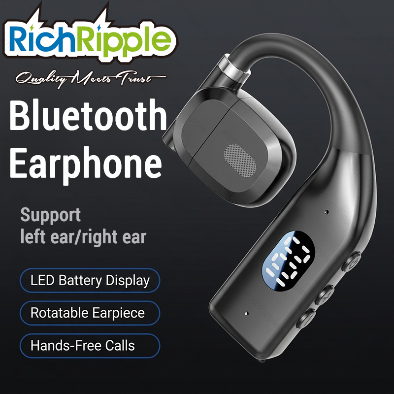 RichRipple 180° Rotatable Left/Right 10H Play Time Wireless  Bluetooth Earphone Digital Display Single Earbud Ultra Long Standby Business Earpods HD Call Headset Outdoor