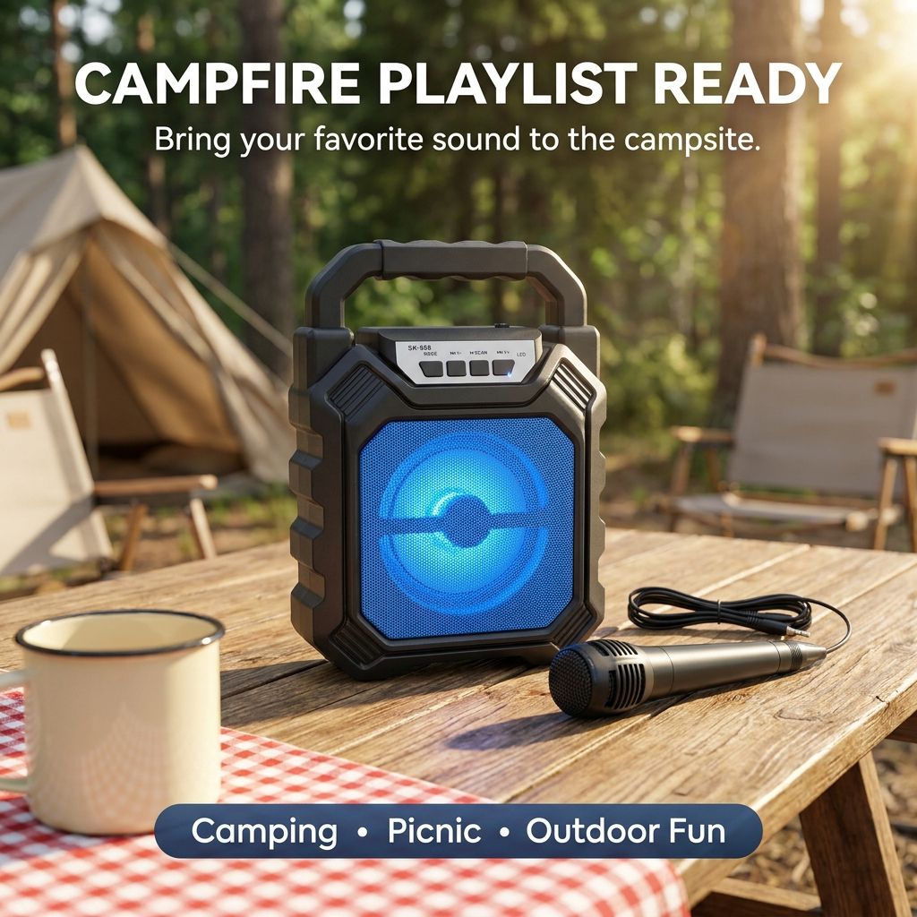 RichRipple Portable Bluetooth Speaker Wireless Speakers with Wired Microphone LED Lights Karaoke Party Speaker for Outdoor Camping Picnic Travel Rechargeable Compact