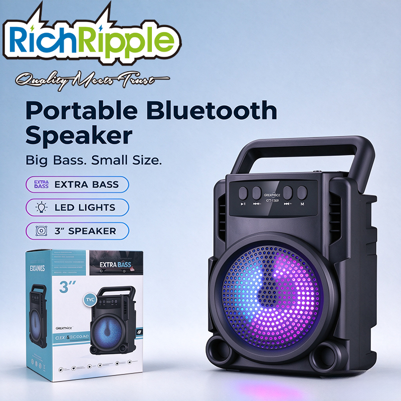 RichRipple Portable Bluetooth Speaker Extra Bass 3 Inch Wireless Speaker with LED Lights FM Radio TF Card AUX Party Speaker for Outdoor Home Travel Small Compact