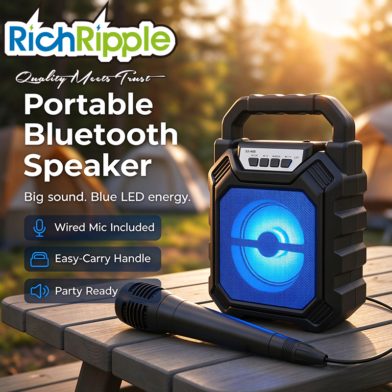 RichRipple Portable Bluetooth Speaker Wireless Speakers with Wired Microphone LED Lights Karaoke Party Speaker for Outdoor Camping Picnic Travel Rechargeable Compact