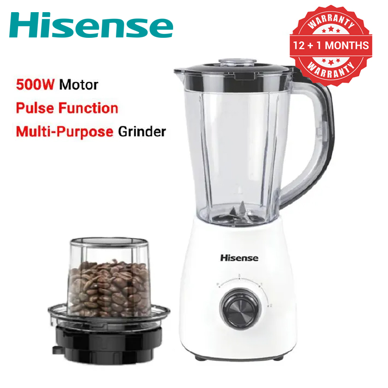 Hisense 1.5L 2 In 1 Motor Stainless Steel 500W Blender H1STBWES1A Quality with Grinder Juicer White