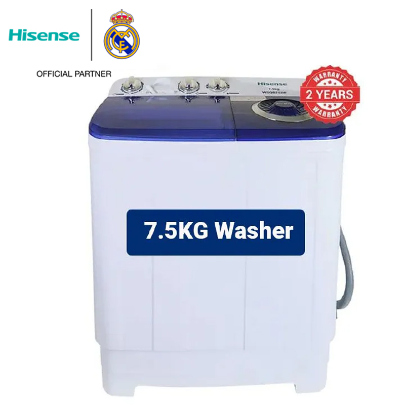 Hisense Twin Tub Washing Machine 7.5KG Washer, 5KG Spinner Combo with Timer Knobs, Built-in Drain Pump, Compact Washer for Home washing machine WSQB753W