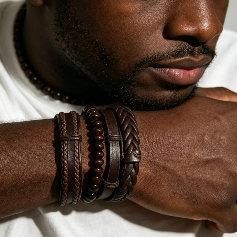 Retro Woven Combination Set Of Cowhide Bracelet And Hand Rope For Men Leather Bracelet