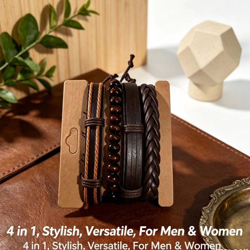 Retro Woven Combination Set Of Cowhide Bracelet And Hand Rope For Men Leather Bracelet