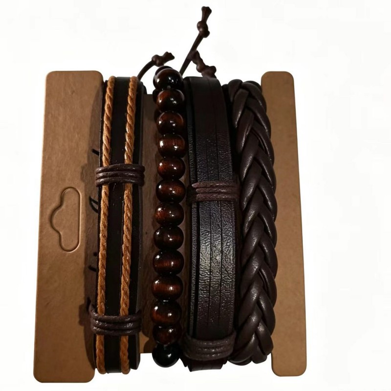 Retro Woven Combination Set Of Cowhide Bracelet And Hand Rope For Men Leather Bracelet