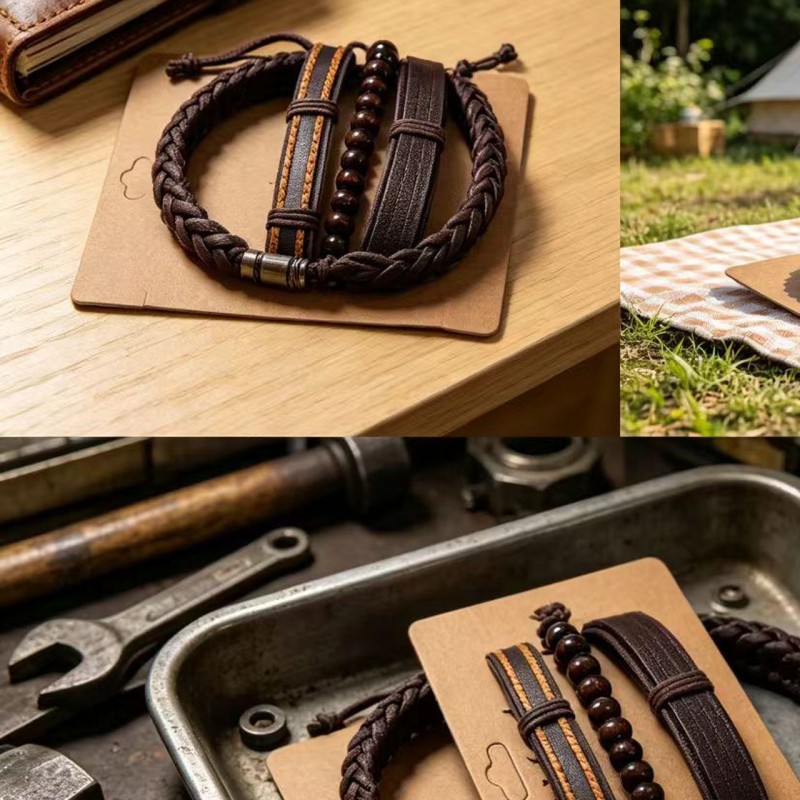 Retro Woven Combination Set Of Cowhide Bracelet And Hand Rope For Men Leather Bracelet