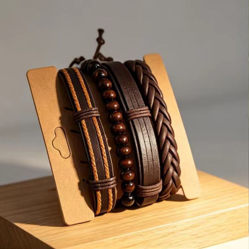 Retro Woven Combination Set Of Cowhide Bracelet And Hand Rope For Men Leather Bracelet