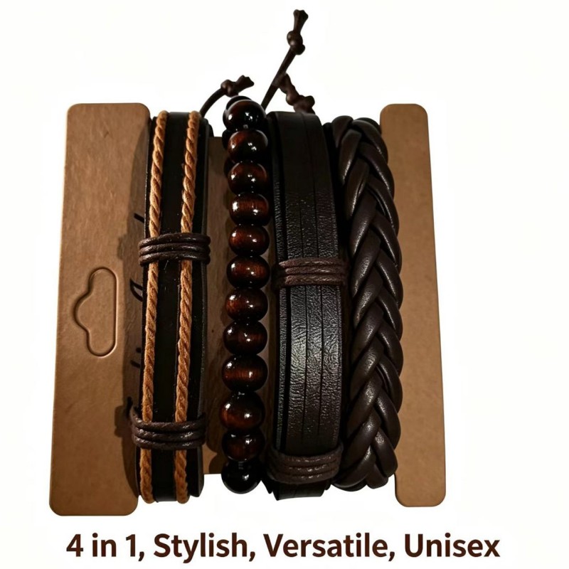 Retro Woven Combination Set Of Cowhide Bracelet And Hand Rope For Men Leather Bracelet