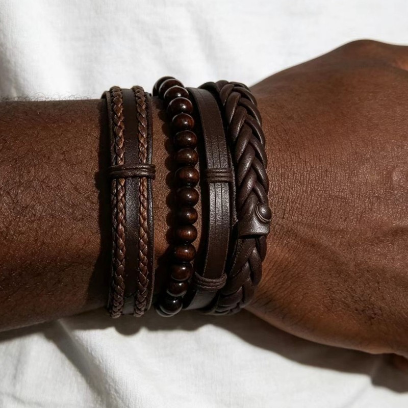 Retro Woven Combination Set Of Cowhide Bracelet And Hand Rope For Men Leather Bracelet