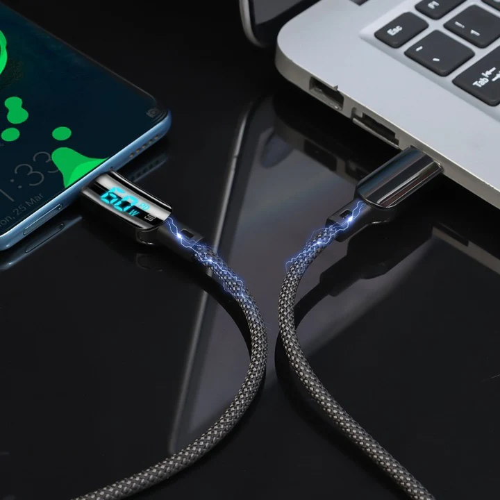 usb type c - c LED Digital Display Cable 60W Fast Charging USB Type C Nylon Braided Data Charger Cord