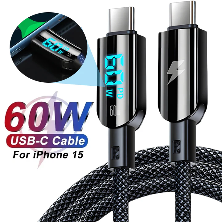 usb type c - c LED Digital Display Cable 60W Fast Charging USB Type C Nylon Braided Data Charger Cord