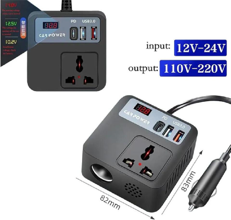 Car Inverter 12V 24V to 110V 220V, Charger Truck Power Converter USB, 100W Vehicle Power Supply Adapter
