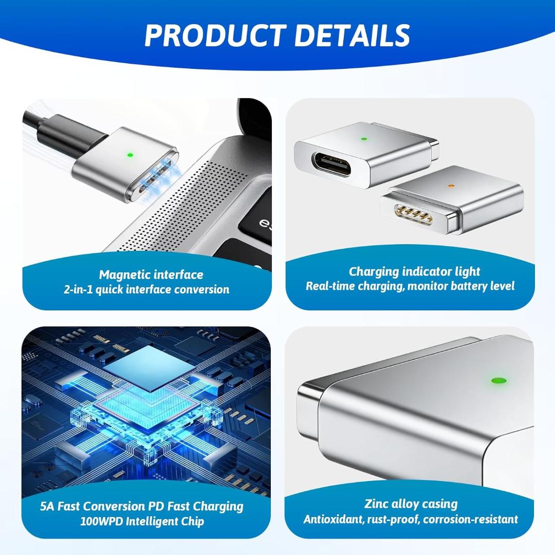 USB C to Magnetic Adapter for Magsafe 2, PD 100W Type C to Magnetic 2 Power Converter Quick Charge USB C to Magnetic Connection Replacement for MacBook Air Pro 2013-2015