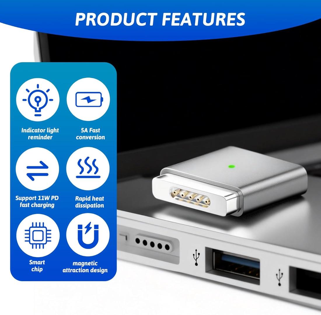 USB C to Magnetic Adapter for Magsafe 2, PD 100W Type C to Magnetic 2 Power Converter Quick Charge USB C to Magnetic Connection Replacement for MacBook Air Pro 2013-2015