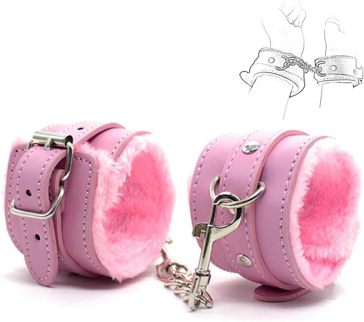 1 Pair - Pink Fluffy Handcuffs for Ankles and Wrist Sex Fuzzy Handcuff Set for BedroomSpice Up Your Love Life Sexy Straps Bondage Kit for Adult Furry Hand Cuffs for Women Couples Sweater