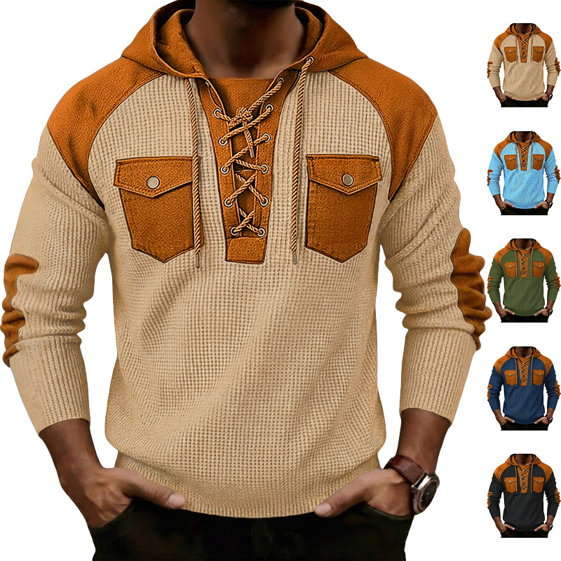 Men's Clothing Tops Sweatshirts Hoodies Men's Waffle Color Block Hoodie with Tie Straps Twin Pockets Long Sleeve Pullover Oversized American Sweatshirt