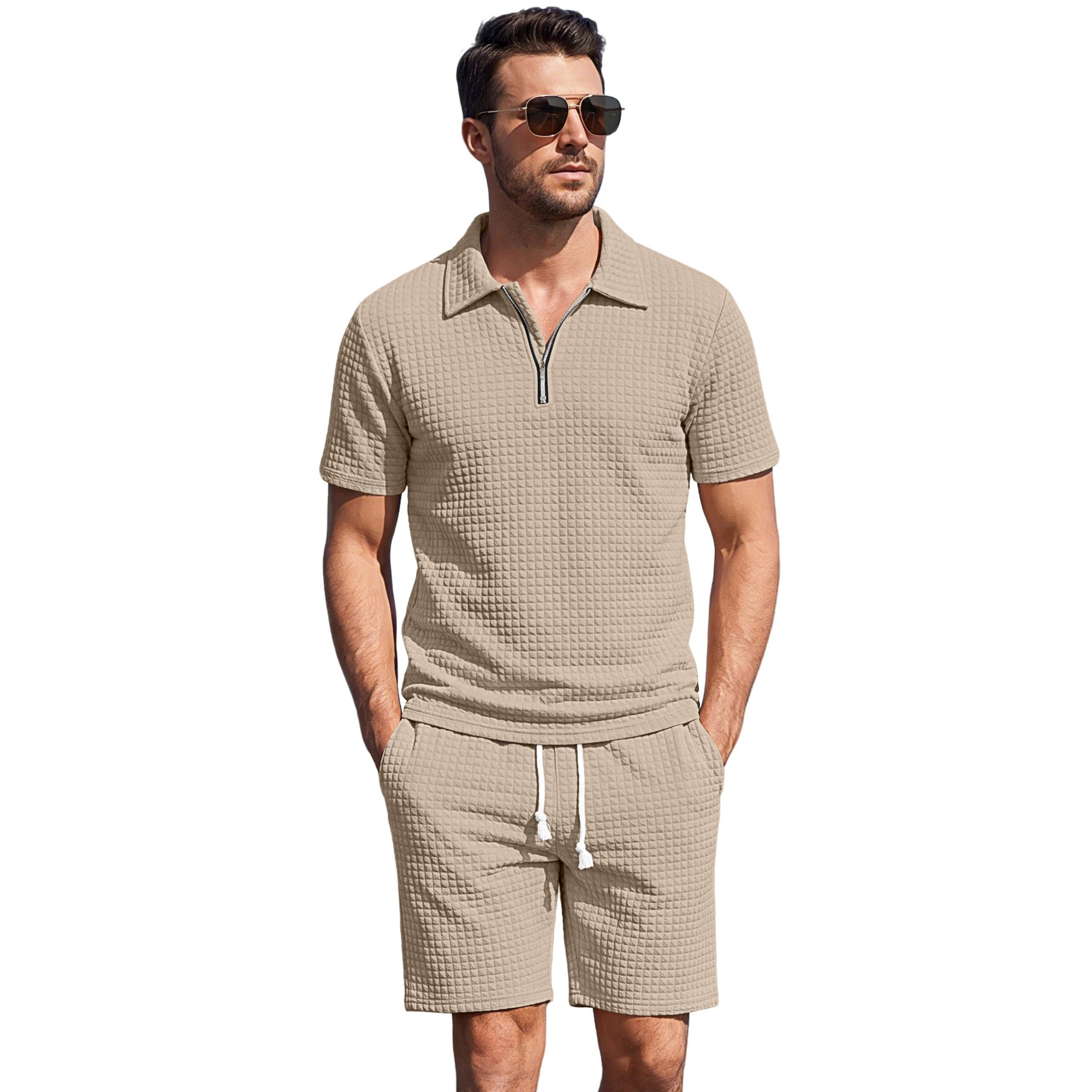 Men's Clothing Sets Two-Piece Outfits Men's Summer American Checkered Polo Shirt Solid Color Short Sleeved Shorts Two Piece Casual Sports Set