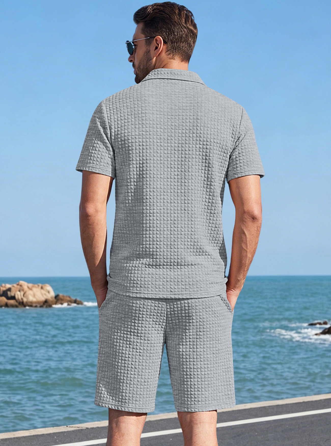 Men's Clothing Sets Two-Piece Outfits Men's Summer American Checkered Polo Shirt Solid Color Short Sleeved Shorts Two Piece Casual Sports Set
