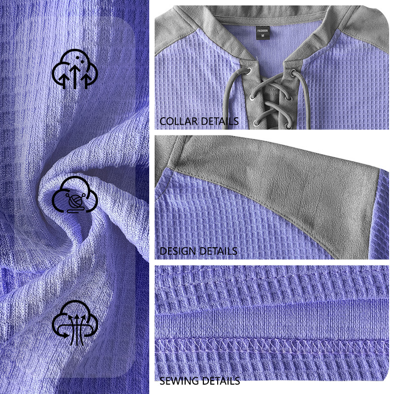 Men's Clothing Tops Sweatshirts Men's Drawstring Top Waffle Color Blocked Long Sleeved Shirt Plus Size Casual Sports American Long Sleeved Shirt
