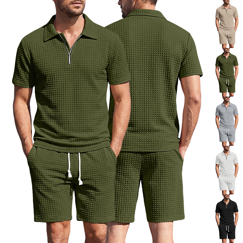 Men's Clothing Sets Two-Piece Outfits Men's Summer American Checkered Polo Shirt Solid Color Short Sleeved Shorts Two Piece Casual Sports Set