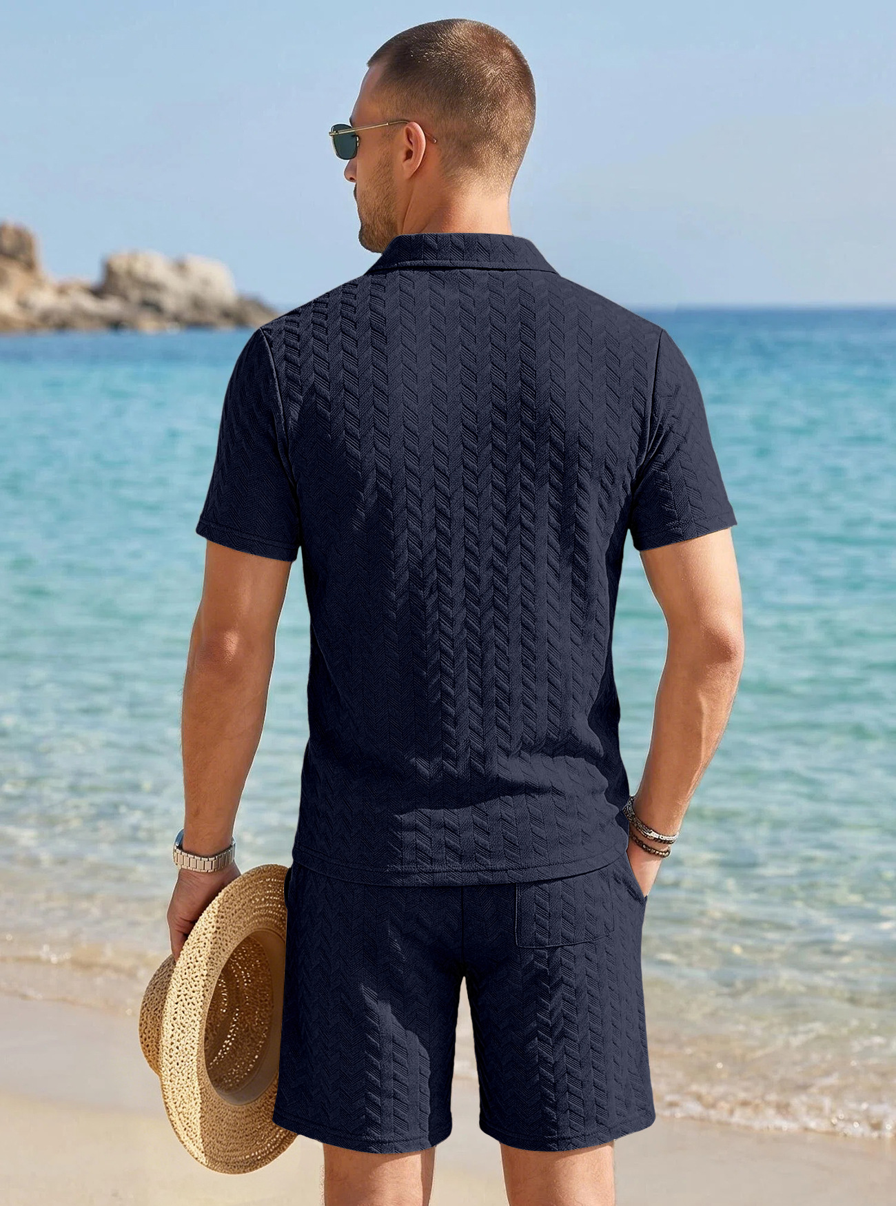 Men's Clothing Sets Two-Piece Outfit Summer Texture Jacquard Flip Collar Polo Shirt Set European American Men's Casual Short Sleeve Shorts Two-Piece Set