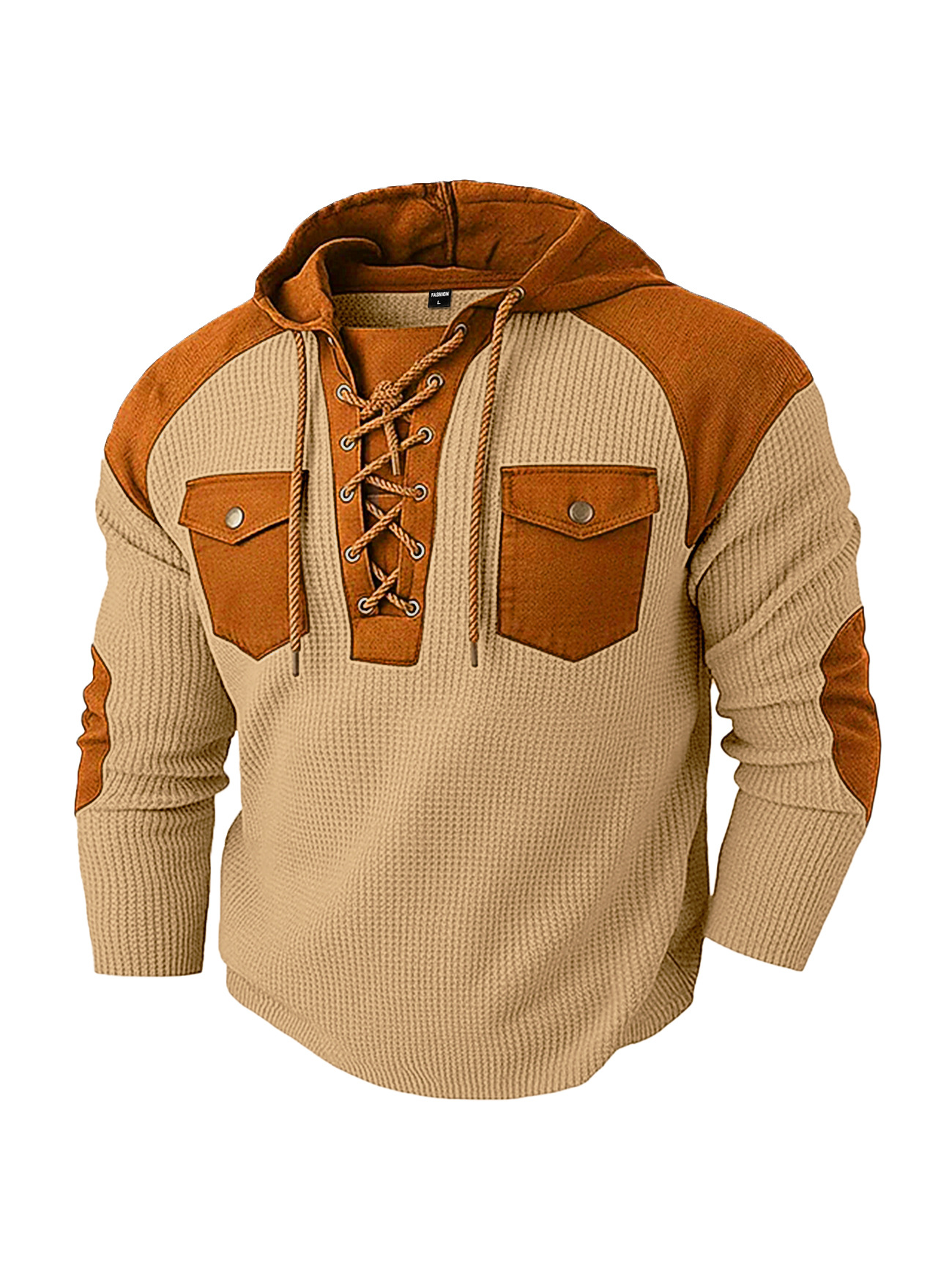 Men's Clothing Tops Sweatshirts Hoodies Men's Waffle Color Block Hoodie with Tie Straps Twin Pockets Long Sleeve Pullover Oversized American Sweatshirt