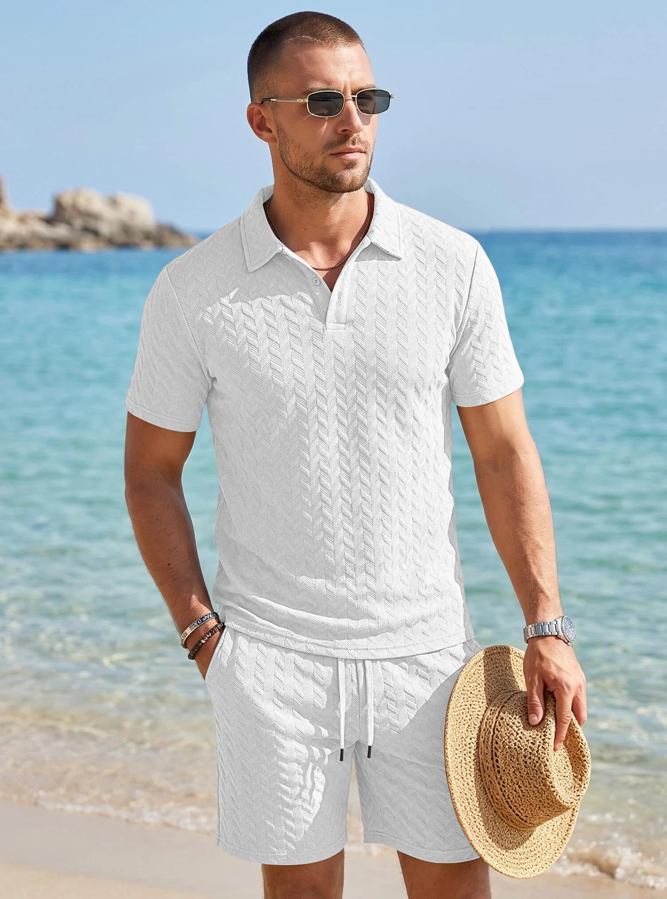 Men's Clothing Sets Two-Piece Outfit Summer Texture Jacquard Flip Collar Polo Shirt Set European American Men's Casual Short Sleeve Shorts Two-Piece Set