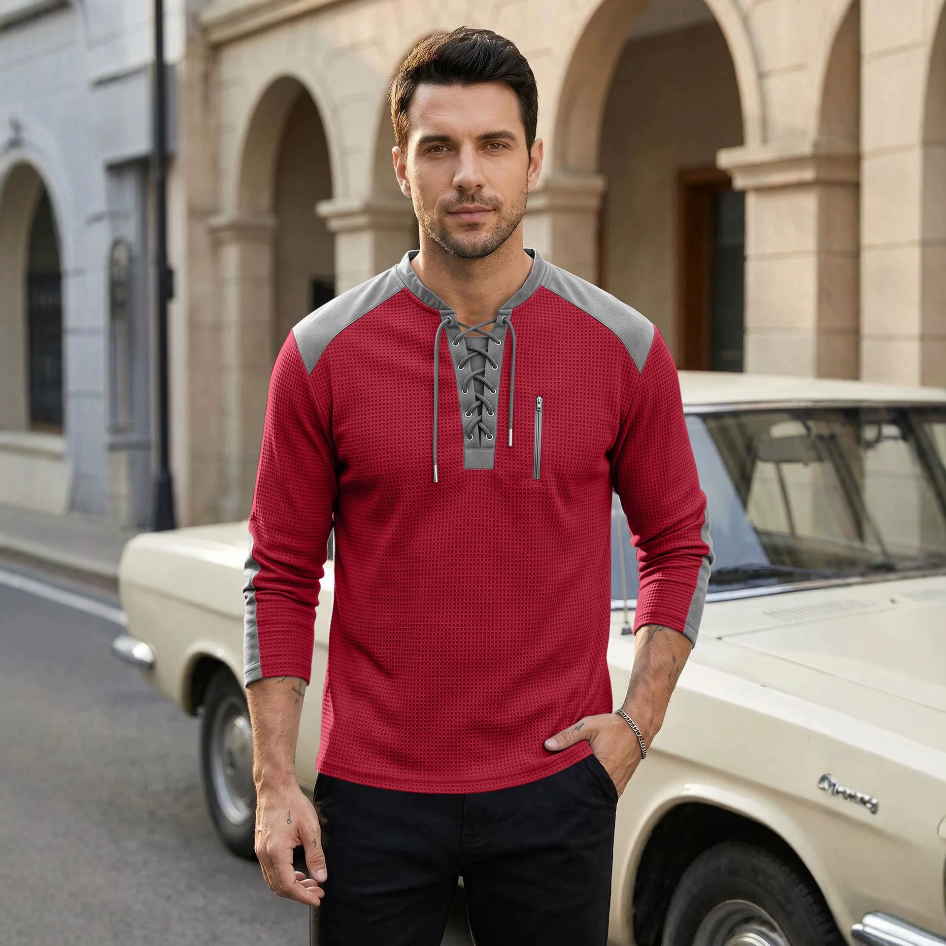 Men's Clothing Tops Sweatshirts Men's Drawstring Top Waffle Color Blocked Long Sleeved Shirt Plus Size Casual Sports American Long Sleeved Shirt
