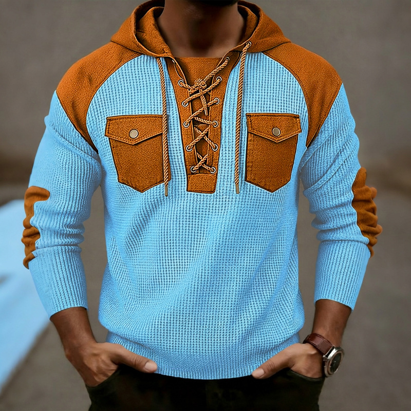 Men's Clothing Tops Sweatshirts Hoodies Men's Waffle Color Block Hoodie with Tie Straps Twin Pockets Long Sleeve Pullover Oversized American Sweatshirt