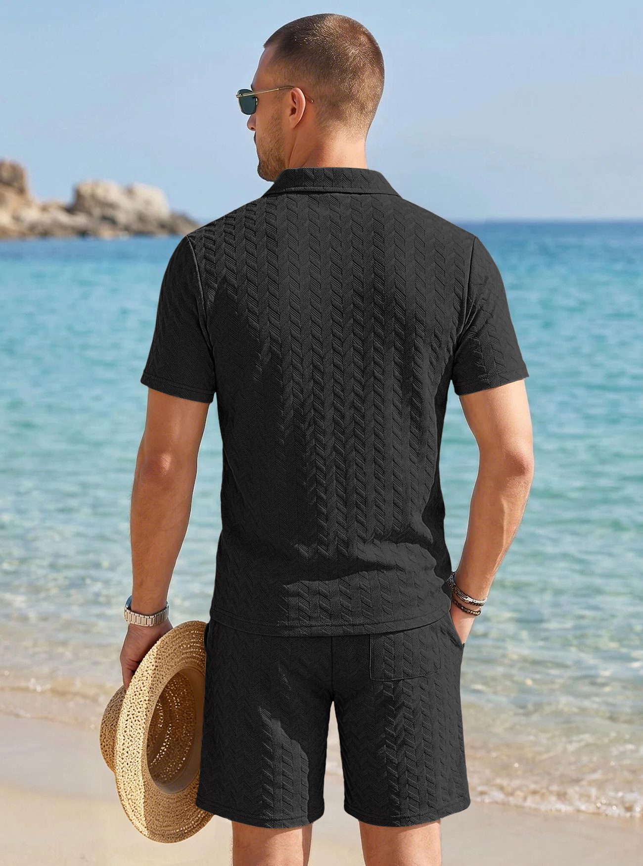 Men's Clothing Sets Two-Piece Outfit Summer Texture Jacquard Flip Collar Polo Shirt Set European American Men's Casual Short Sleeve Shorts Two-Piece Set