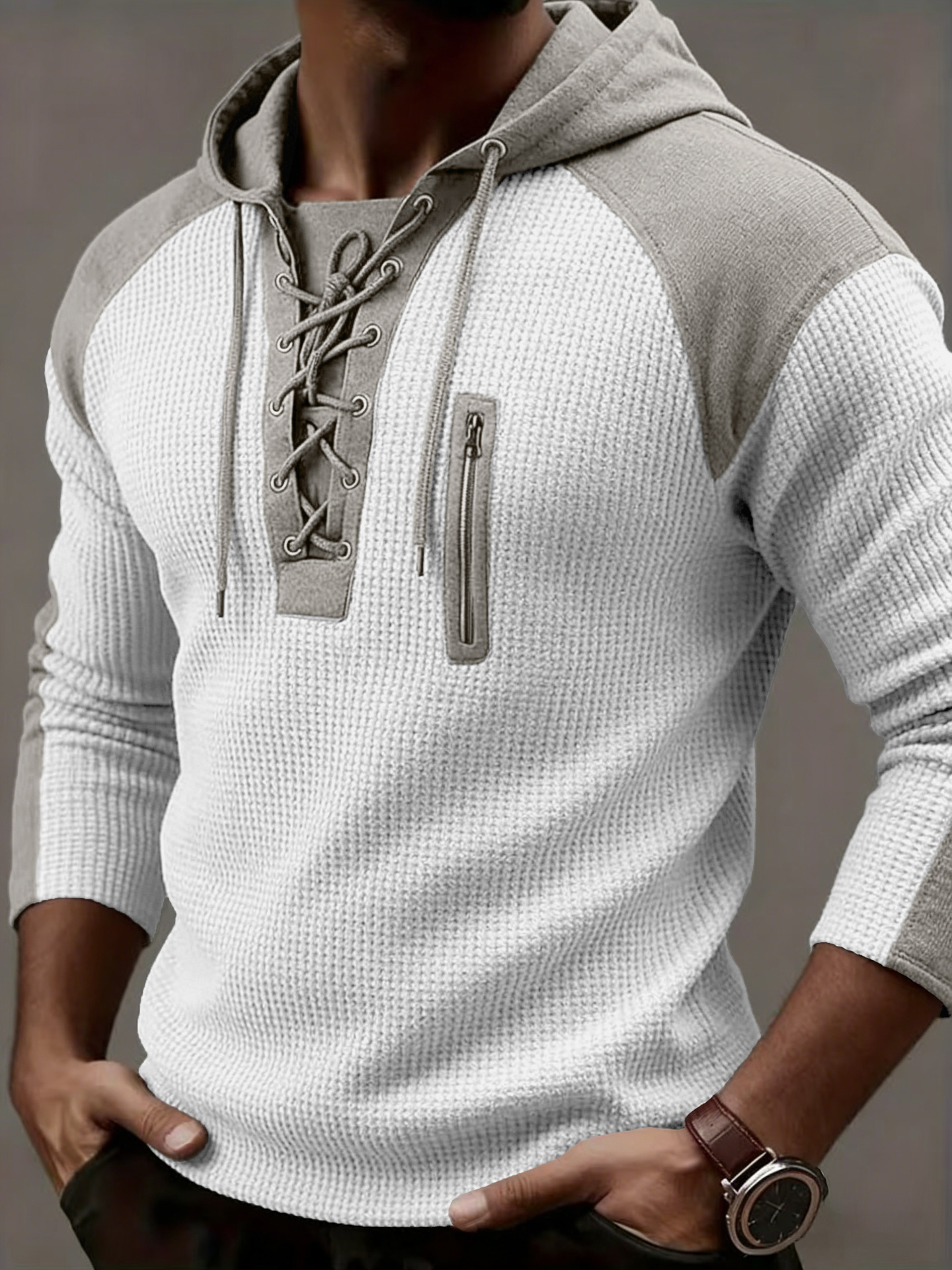 Men's Clothing Tops Sweatshirts Hoodies Men's Waffle Colorblocked Hooded Sweatshirt European American Style Lacing Oversized Long Sleeve Casual Pullover Hoodie