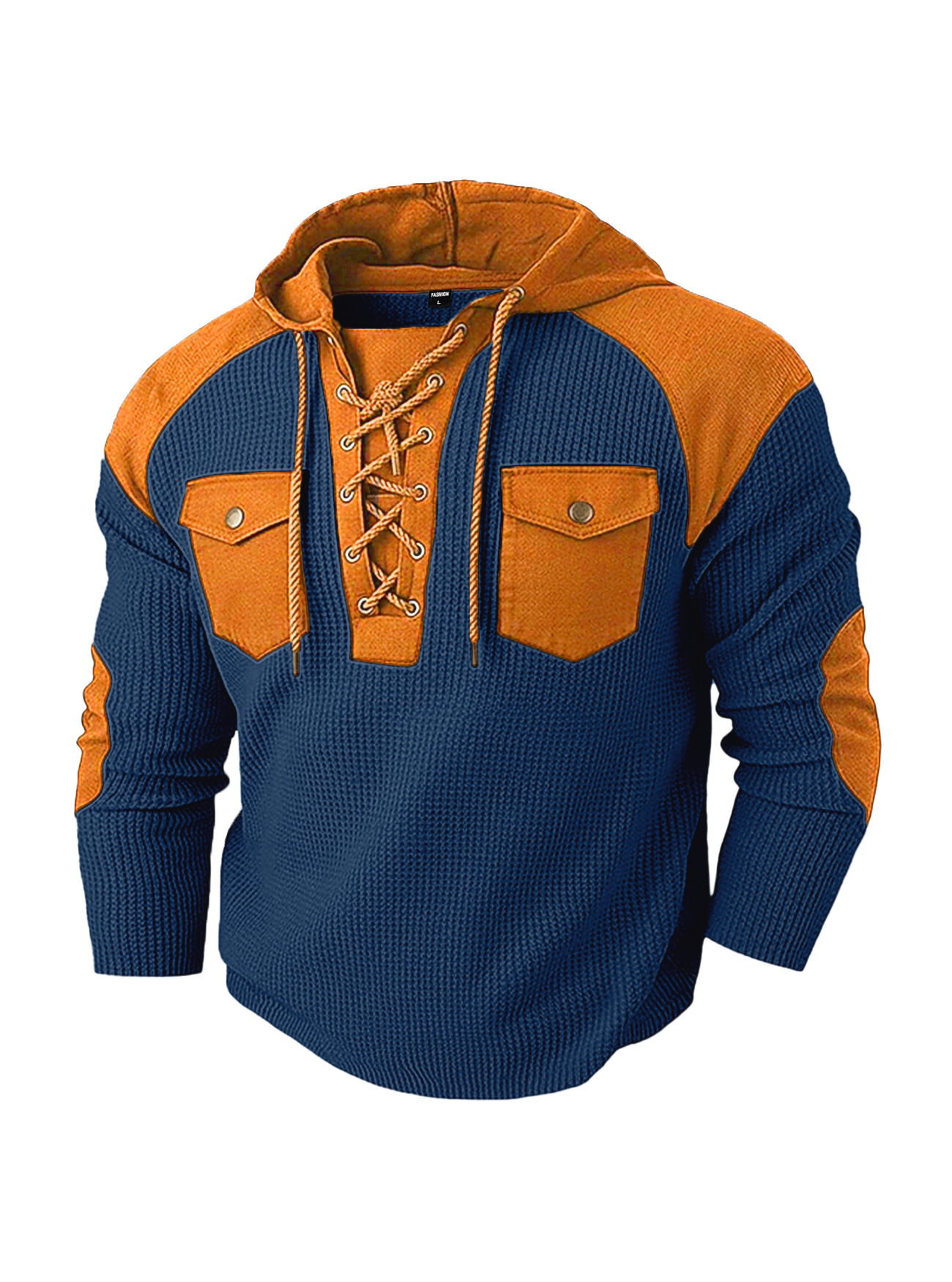 Men's Clothing Tops Sweatshirts Hoodies Men's Waffle Color Block Hoodie with Tie Straps Twin Pockets Long Sleeve Pullover Oversized American Sweatshirt
