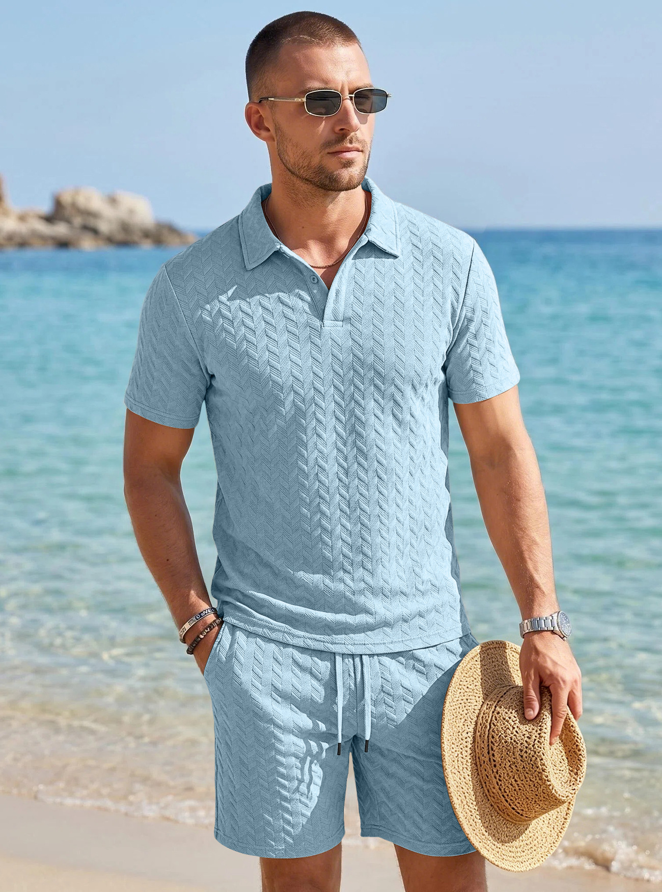 Men's Clothing Sets Two-Piece Outfit Summer Texture Jacquard Flip Collar Polo Shirt Set European American Men's Casual Short Sleeve Shorts Two-Piece Set