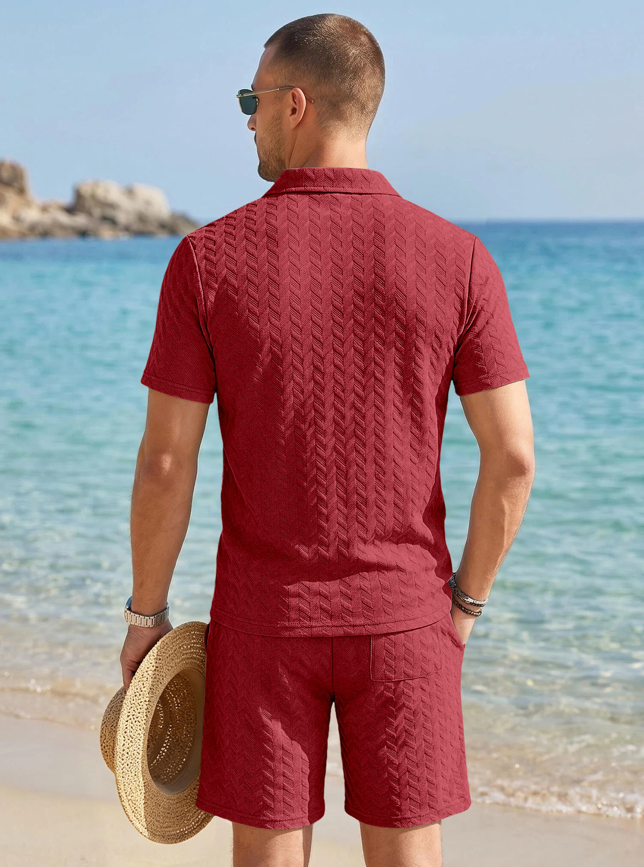 Men's Clothing Sets Two-Piece Outfit Summer Texture Jacquard Flip Collar Polo Shirt Set European American Men's Casual Short Sleeve Shorts Two-Piece Set