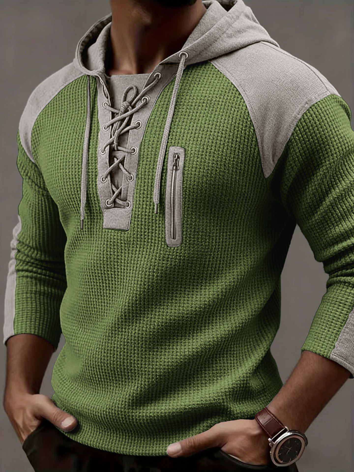 Men's Clothing Tops Sweatshirts Hoodies Men's Waffle Colorblocked Hooded Sweatshirt European American Style Lacing Oversized Long Sleeve Casual Pullover Hoodie