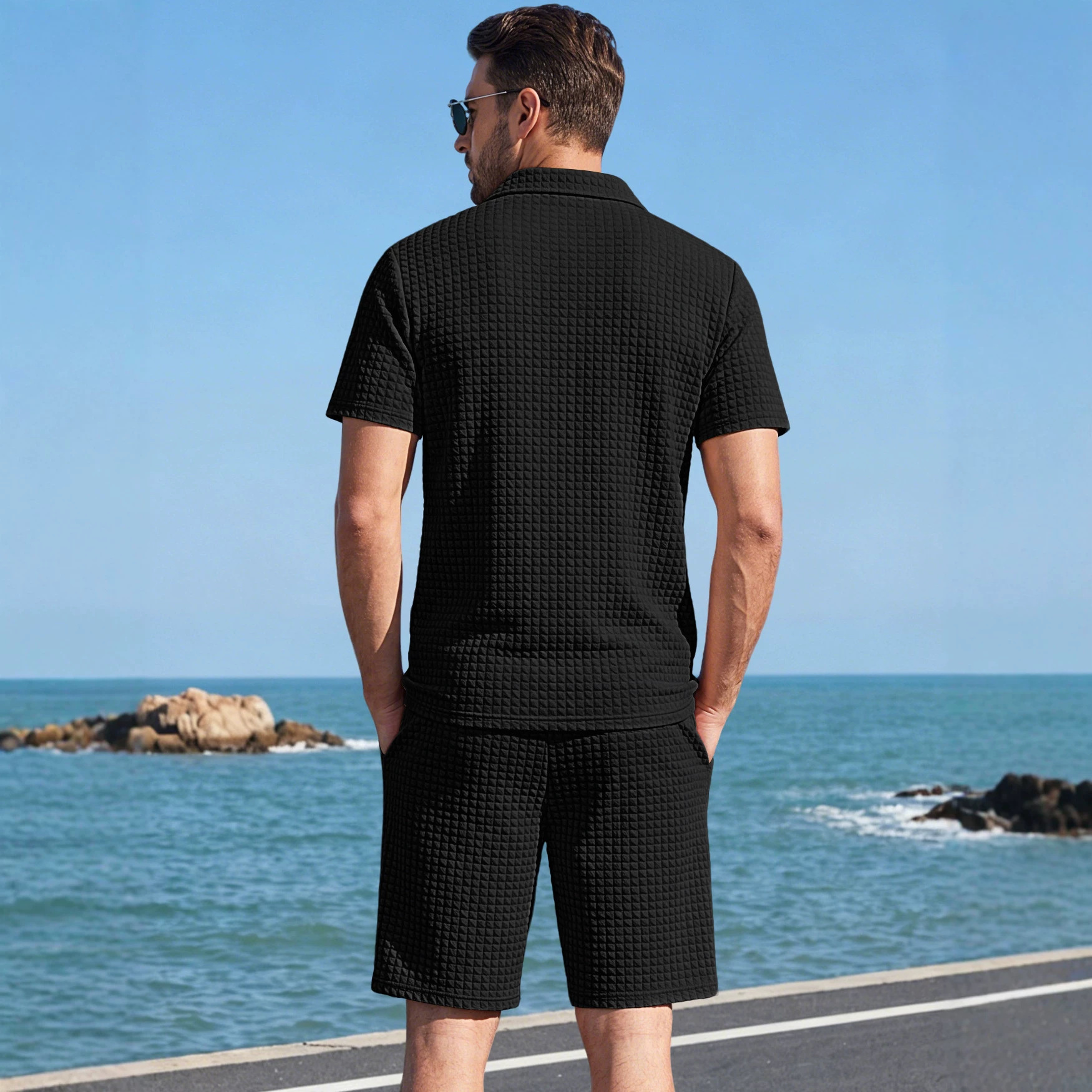 Men's Clothing Sets Two-Piece Outfits Men's Summer American Checkered Polo Shirt Solid Color Short Sleeved Shorts Two Piece Casual Sports Set