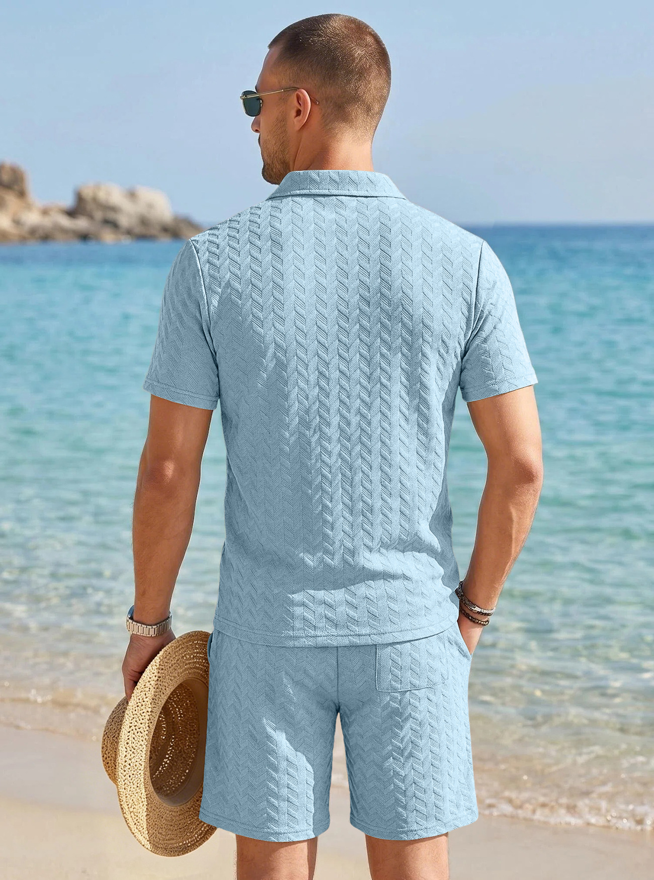 Men's Clothing Sets Two-Piece Outfit Summer Texture Jacquard Flip Collar Polo Shirt Set European American Men's Casual Short Sleeve Shorts Two-Piece Set