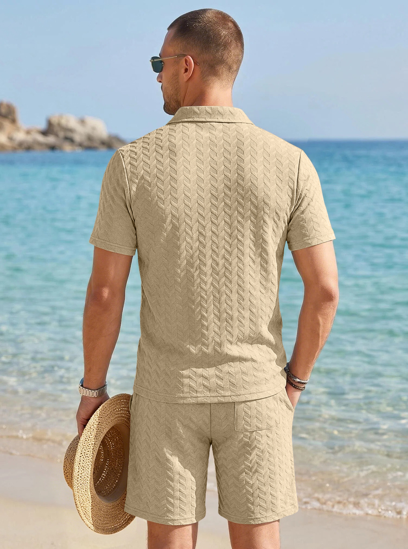 Men's Clothing Sets Two-Piece Outfit Summer Texture Jacquard Flip Collar Polo Shirt Set European American Men's Casual Short Sleeve Shorts Two-Piece Set