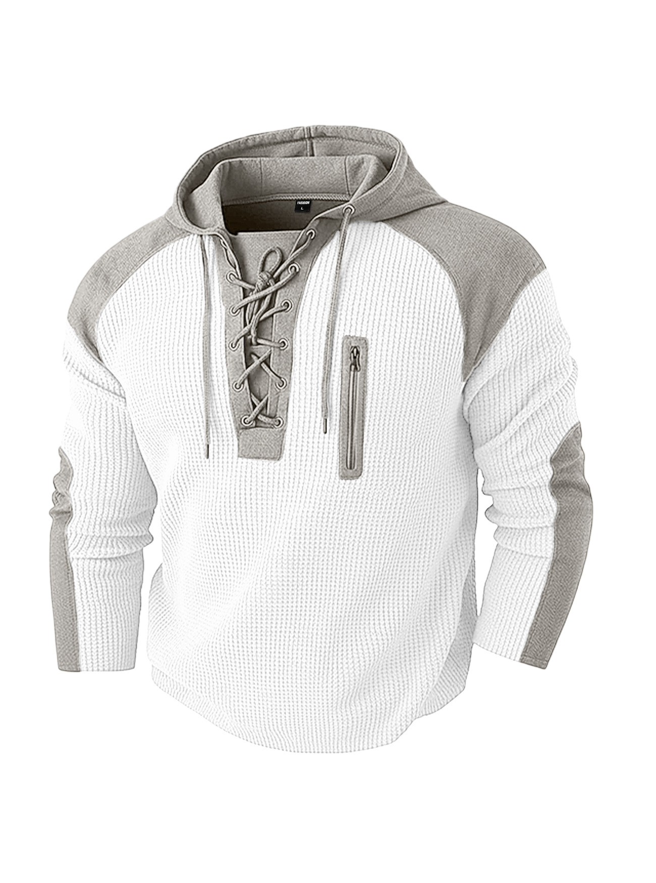 Men's Clothing Tops Sweatshirts Hoodies Men's Waffle Colorblocked Hooded Sweatshirt European American Style Lacing Oversized Long Sleeve Casual Pullover Hoodie