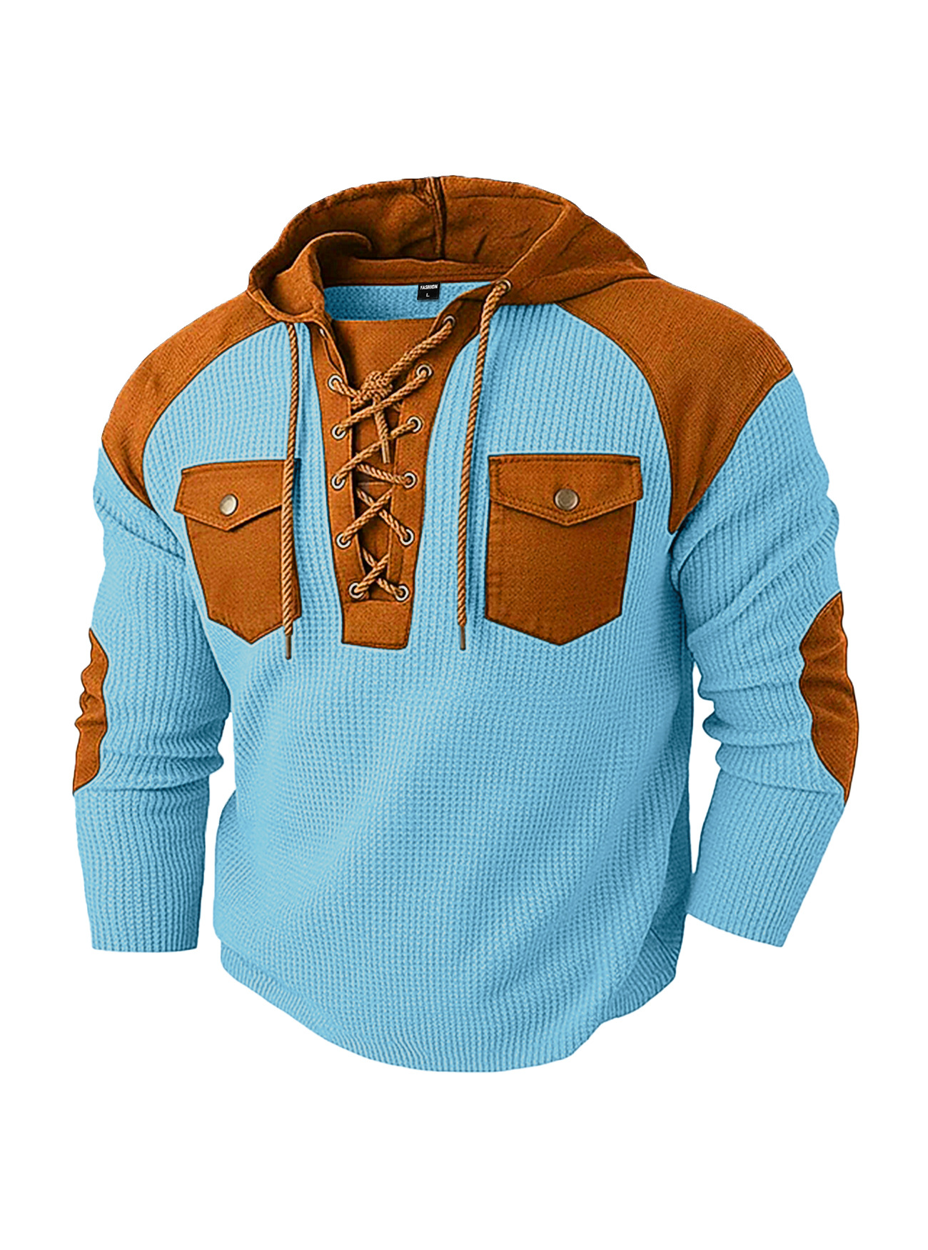 Men's Clothing Tops Sweatshirts Hoodies Men's Waffle Color Block Hoodie with Tie Straps Twin Pockets Long Sleeve Pullover Oversized American Sweatshirt