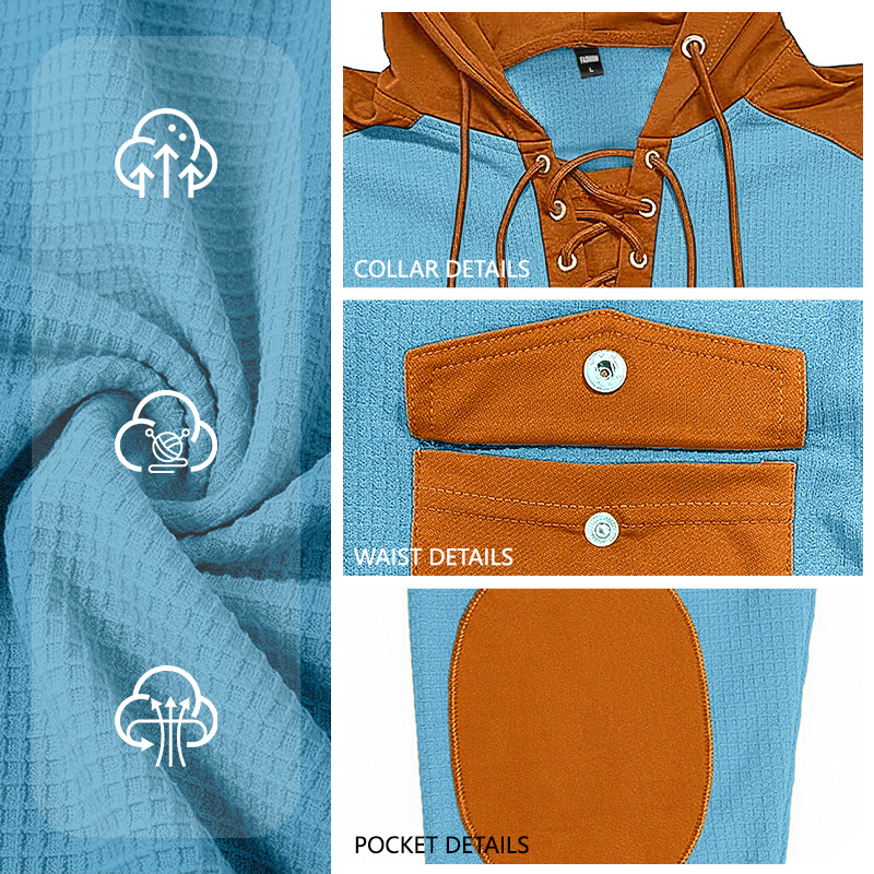 Men's Clothing Tops Sweatshirts Hoodies Men's Waffle Color Block Hoodie with Tie Straps Twin Pockets Long Sleeve Pullover Oversized American Sweatshirt