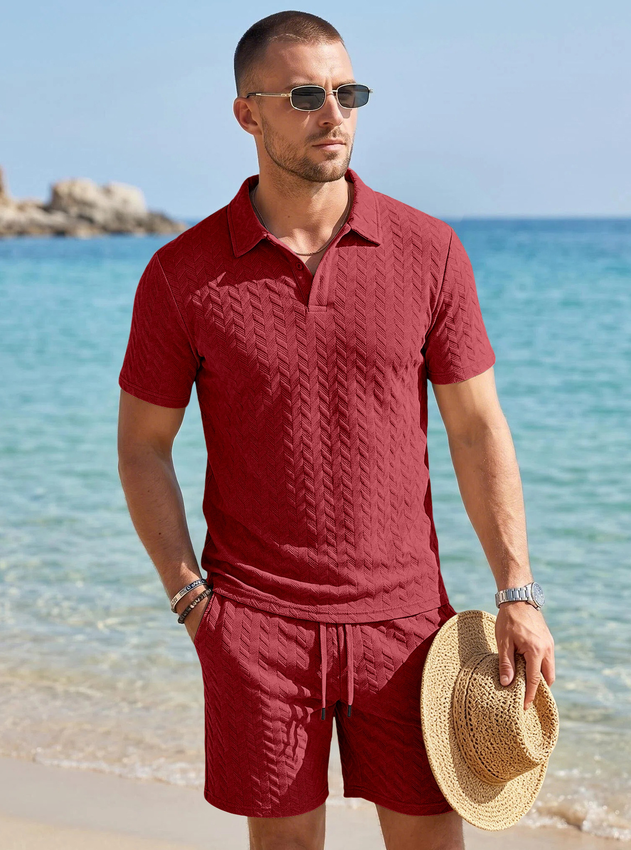 Men's Clothing Sets Two-Piece Outfit Summer Texture Jacquard Flip Collar Polo Shirt Set European American Men's Casual Short Sleeve Shorts Two-Piece Set