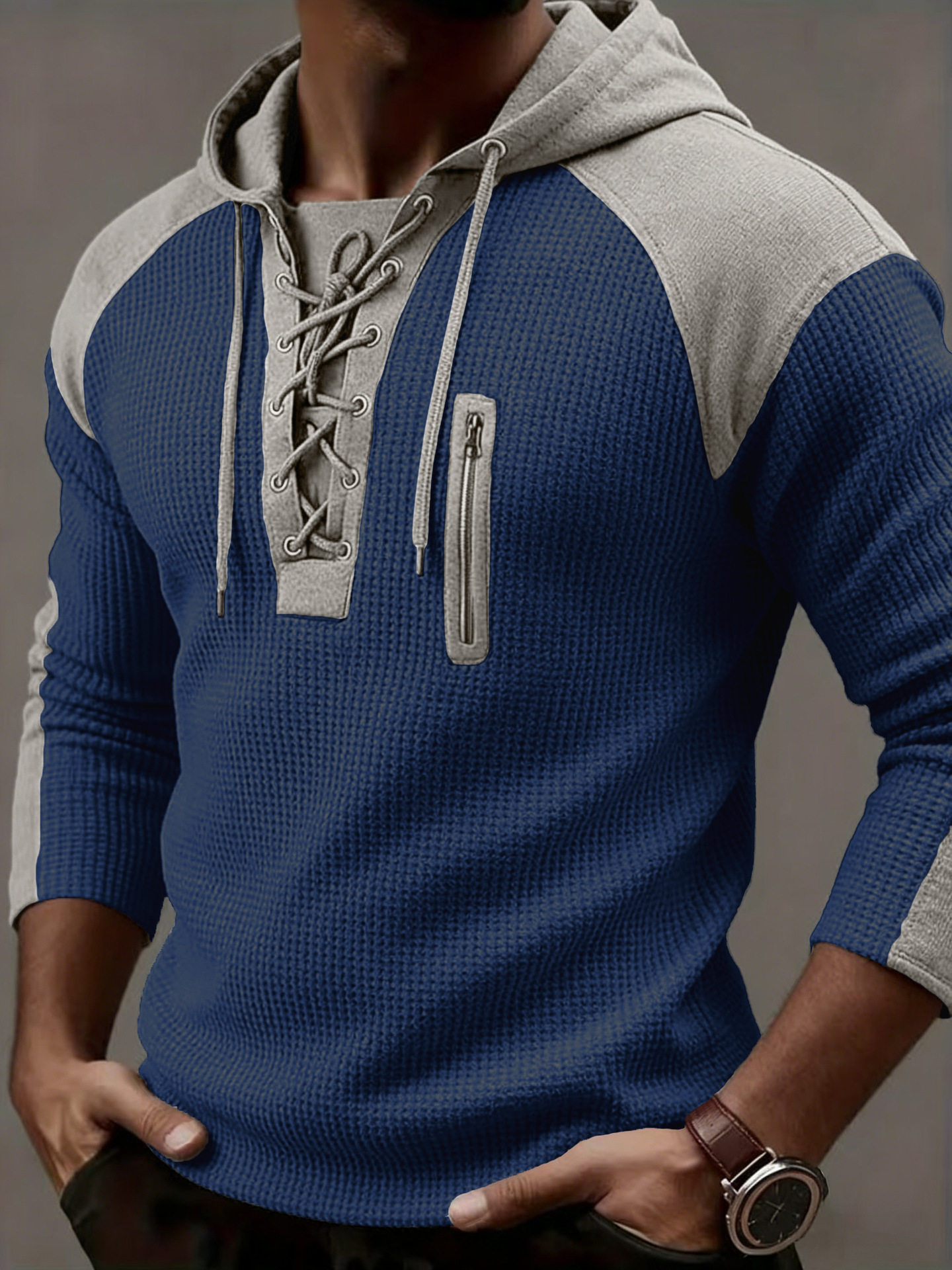Men's Clothing Tops Sweatshirts Hoodies Men's Waffle Colorblocked Hooded Sweatshirt European American Style Lacing Oversized Long Sleeve Casual Pullover Hoodie